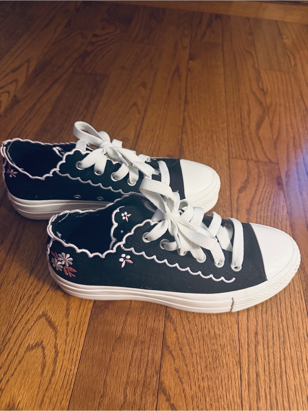 Converse Black Canvas Lace-Up Sneakers with Pink Embroidery